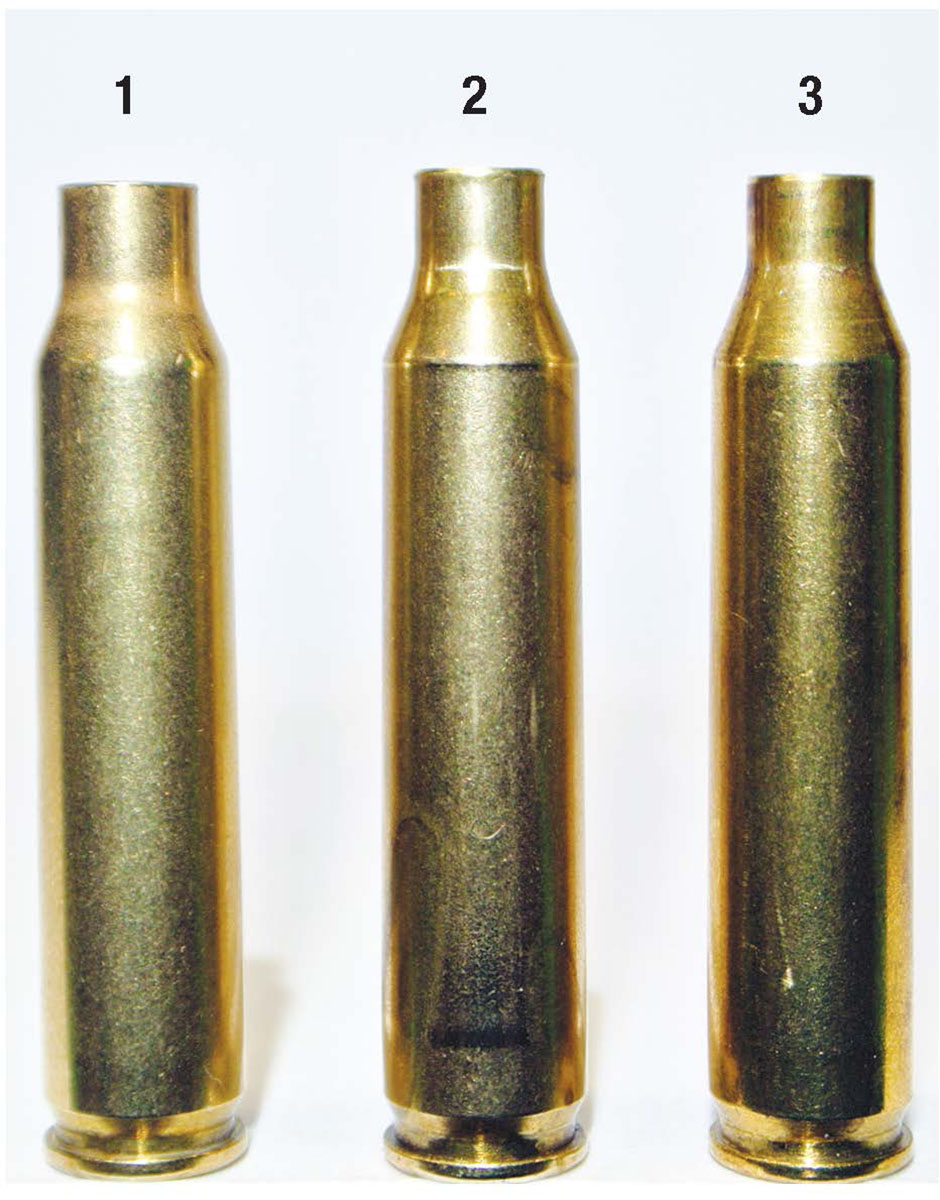 The change from a 223 Remington case to a 20 Practical is subtle: (1) 223 Remington, (2) a case is necked to .236 inch during the first sizing step, (3) the second sizing step brings the outside case diameter to .226 inch and it is ready for loading.